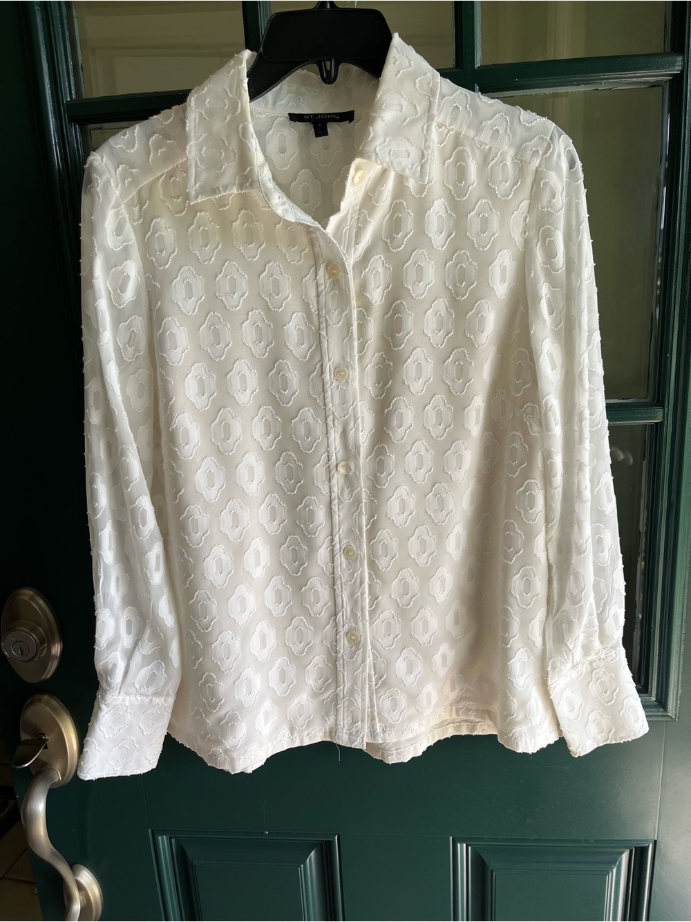 White St. John Textured Button-Down w/ Tonal Geometric Clip-Dot Jacquard Pattern